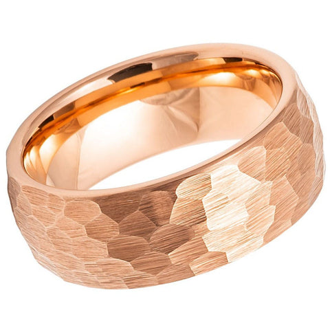 Men's Domed Tungsten Hammered Rose Gold Wedding Tungsten Ring with Sandblasted Crystalline Finish- 8mm Tungsten Ring