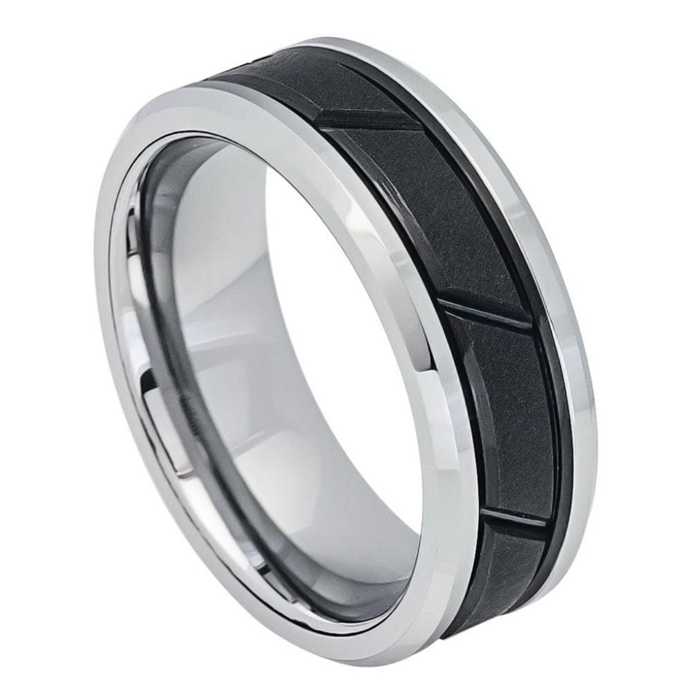 Men's Two Tone Tungsten Wedding Band With Black Diagonal Grooved Center and Silver Beveled Edges- 8mm Engraved Tungsten Ring