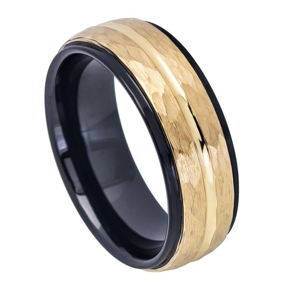 Men's Two Tone Black IP and Gold Color Hammered Finish Tungsten- 8mm Engraved Tungsten Ring