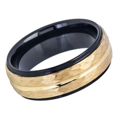 Men's Two Tone Black IP and Gold Color Hammered Finish Tungsten- 8mm Engraved Tungsten Ring