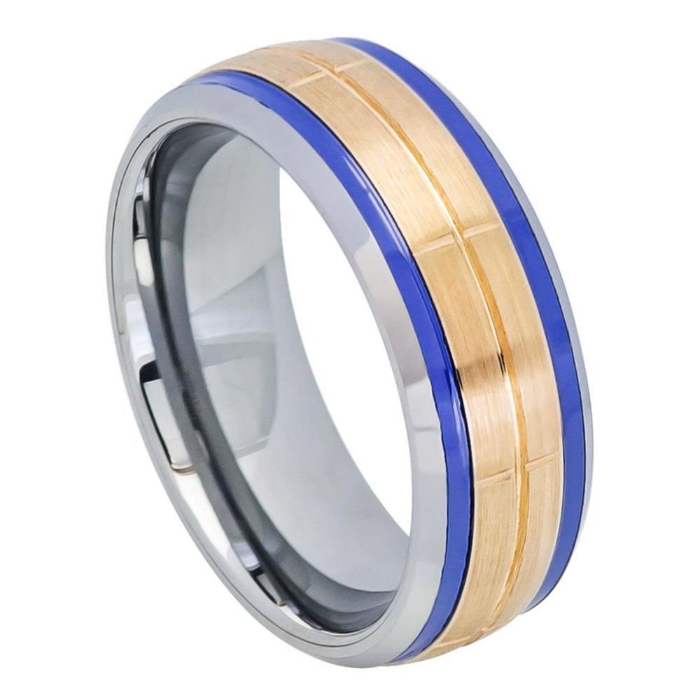 Men's Blue Band Yellow Gold Tungsten Carbide Comfort Fit Wedding- 8mm Engraved Tungsten Ring