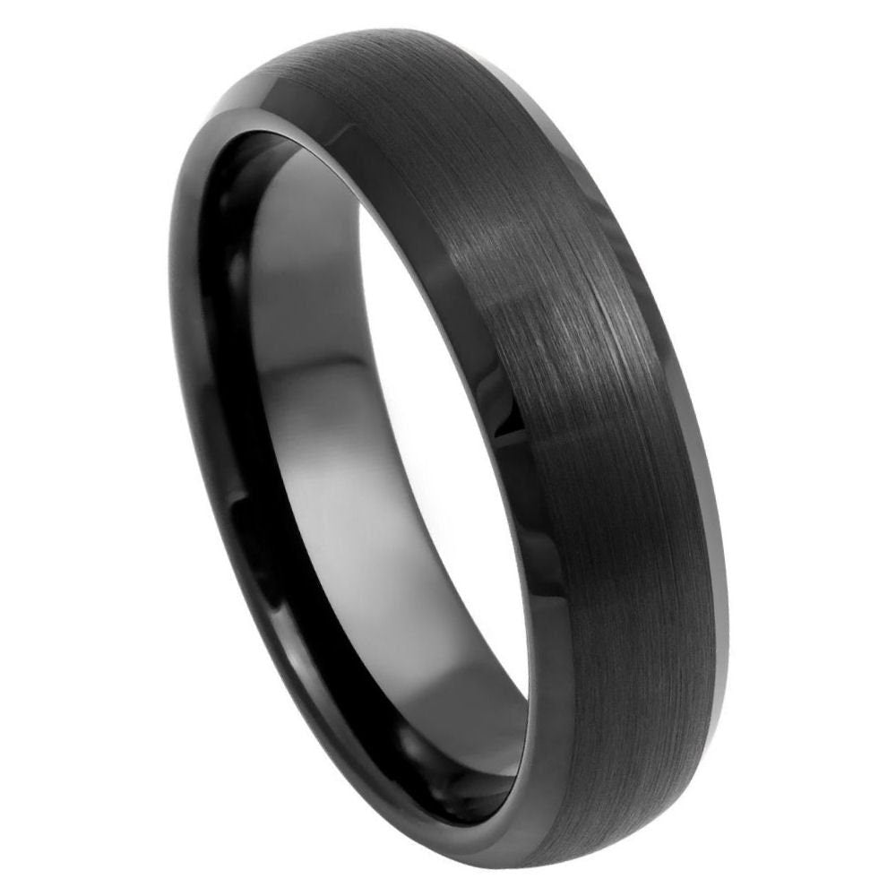 Unisex Ethan Pipe Cut  Domed Black Ceramic Wedding Band Brushed Finish- 6mm Tungsten Ring