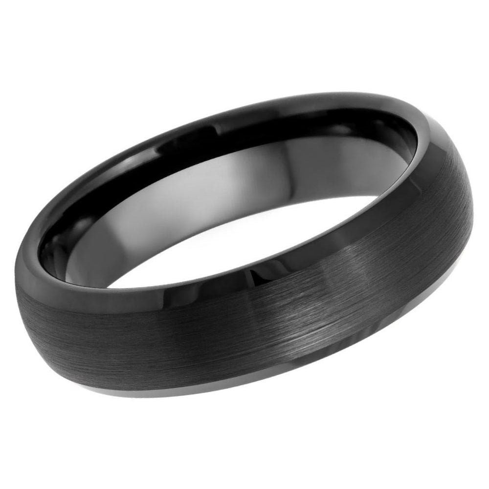 Unisex Ethan Pipe Cut  Domed Black Ceramic Wedding Band Brushed Finish- 6mm Tungsten Ring