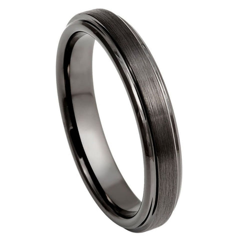 Men's Alliance Black Brushed Raised Center Tungsten Wedding Band With Beveled Stepped Edges- 4mm Tungsten Ring