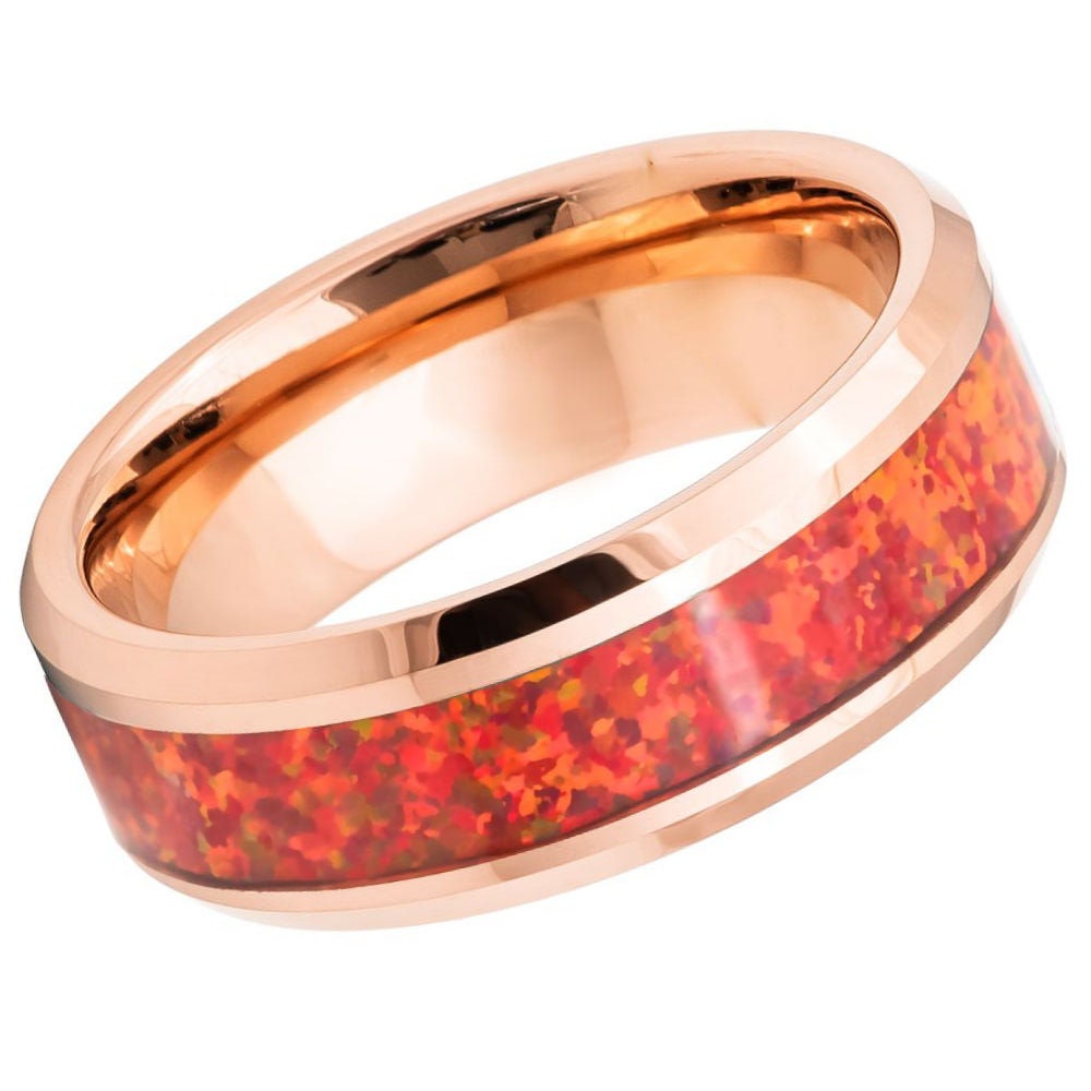 Men's Magica Rose Gold Tungsten Tungsten Ring with synthetic Red Fire Opal Inlay- 8mm Engraved Tungsten Ring