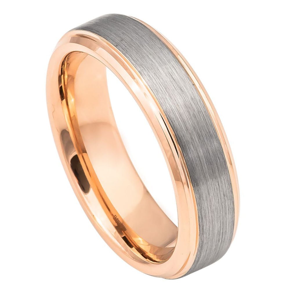 Men's Tungsten Rose Gold Couple Matching Band with Silver Brushed Center and Beveled Edges- 6mm Engraved Tungsten Ring