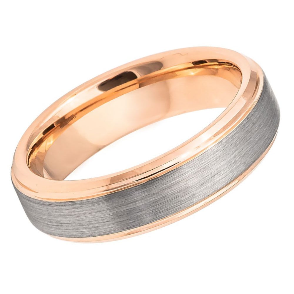 Men's Tungsten Rose Gold Couple Matching Band with Silver Brushed Center and Beveled Edges- 6mm Engraved Tungsten Ring