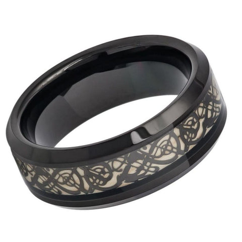 Men's Polished Black Tungsten Wedding Band With Celtic Knot Design- 8mm Engraved Tungsten Ring