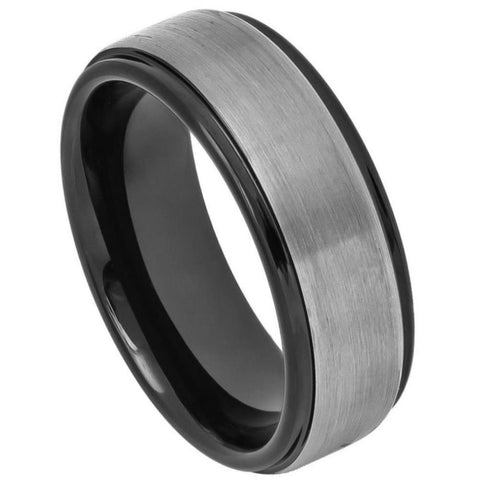 Men's Gray Matte Brushed Tungsten Black Step Edge Wedding Band- 8mm Engraved Tungsten Ring