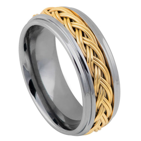 Men's Silver Tungsten With Yellow Gold Bread Design Wedding Band- 8mm Engraved Tungsten Ring