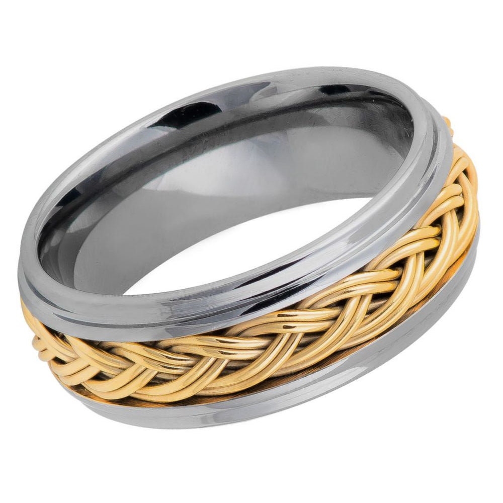 Men's Silver Tungsten With Yellow Gold Bread Design Wedding Band- 8mm Engraved Tungsten Ring