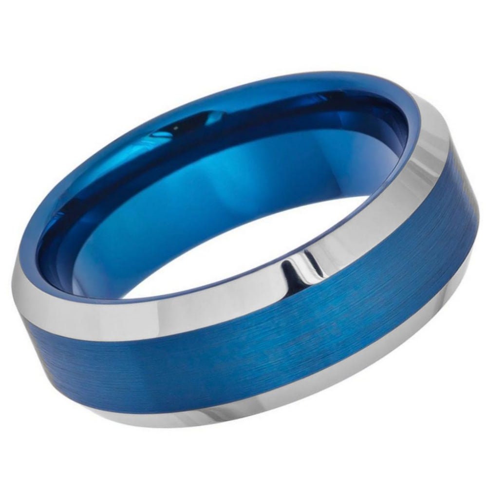 Men's Blue Tungsten Wedding Brushed High Polish Beveled Edge- 8mm Engraved Tungsten Ring