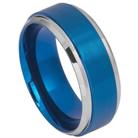 Men's Two Tone Blue IP Tungsten Wedding Band Brushed Finish Comfort Fit Beveled Carbide- 8mm Tungsten Ring