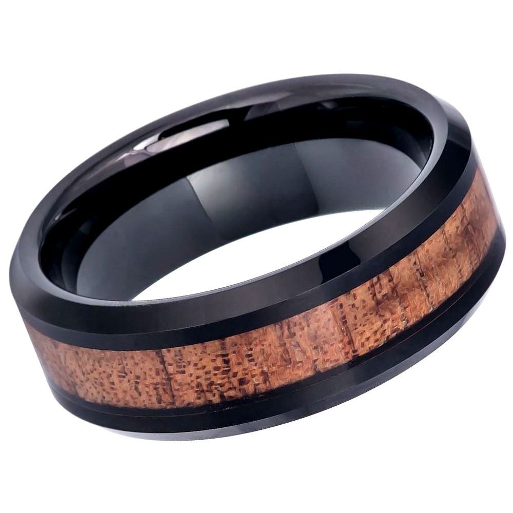 Men's Black Ion Plated Comfort Fit Wedding Carbide With Hawaiian Koa Wood Inlay- 8mm Engraved Tungsten Ring