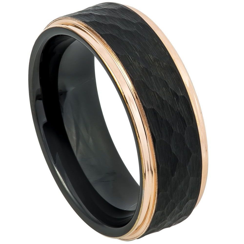 Men's Rose Gold Tungsten Central Black Hammered Center 6 & 8mm Engraved Tungsten Ring