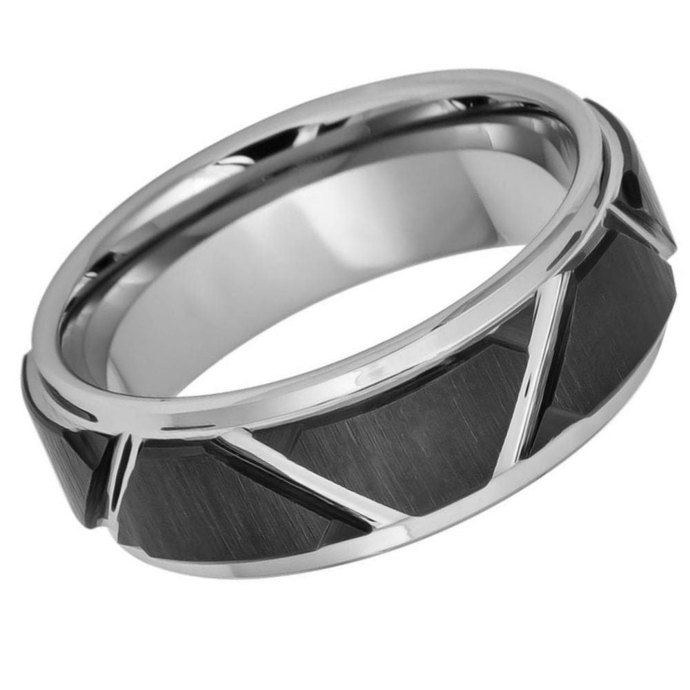 Men's Black Tungsten Carbide Silver Zigzag Groove Tire Tread Design Comfort Fit- 8mm Engraved Tungsten Ring