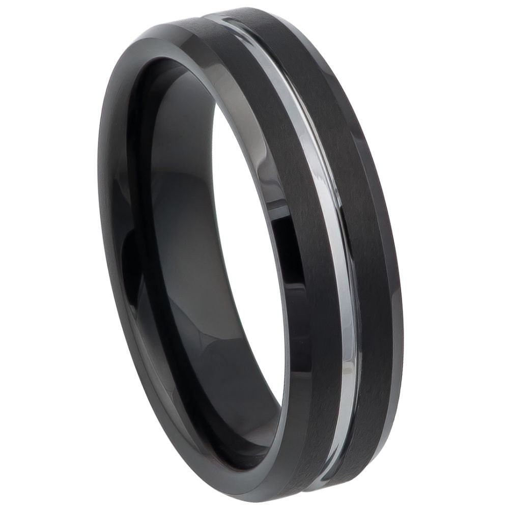 Men's Tungsten Wedding Black Band Silver Grooved- 6mm Engraved Tungsten Ring