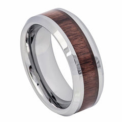 Men's Tungsten Brown Wood Inlay Silver Wedding Band 6mm & 8mm Engraved Tungsten Ring