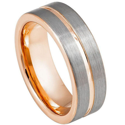 Men's Tropper Rose Gold Tungsten Tungsten Ring with Grooved Center and Brushed Finish Sides Tungsten Anniversary- 8mm Tungsten Ring