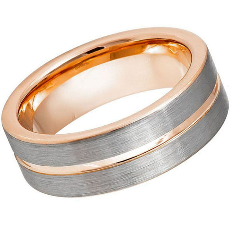 Men's Tropper Rose Gold Tungsten Tungsten Ring with Grooved Center and Brushed Finish Sides Tungsten Anniversary- 8mm Tungsten Ring