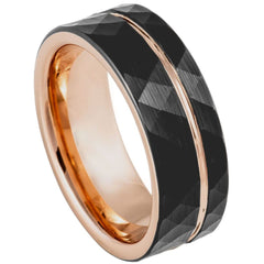 Men's Rose Gold And Black Faceted Groove Tungsten Ring Tungsten Anniversary- 8mm Tungsten Ring