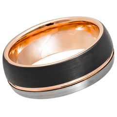 Men's Mathias Three Tone Natural Rose Gold and Black Brushed Grooved Center- 8mm Tungsten Ring