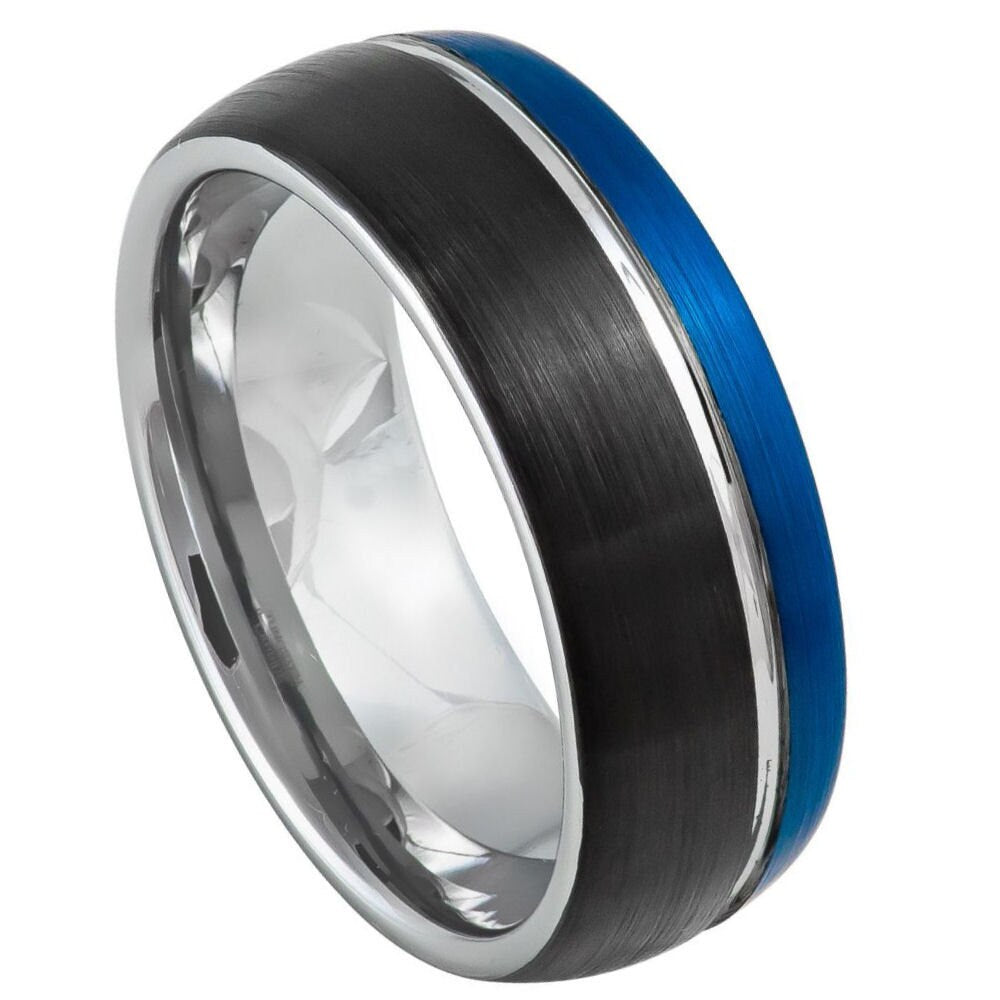 Men's Hybird Three Tone Natural  Blue And Black Brushed Grooved Center Wedding Tungsten- 8mm Tungsten Ring