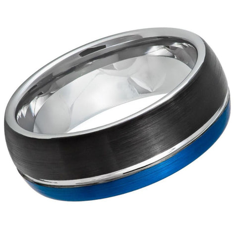 Men's Hybird Three Tone Natural  Blue And Black Brushed Grooved Center Wedding Tungsten- 8mm Tungsten Ring