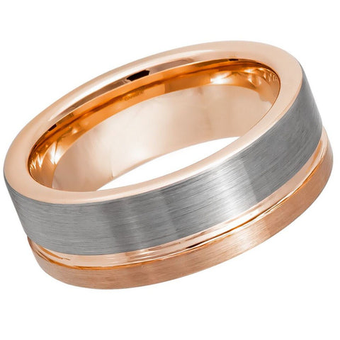 Men's Leonal Off Center Grooved Rose Gold with Brushed Pipe Cut Wedding Tungsten- 8mm Tungsten Ring