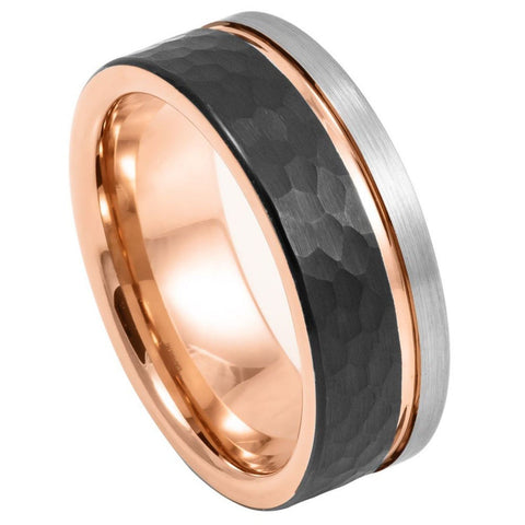 Men's Gustavo Rose Gold And Black Faceted Tungsten Ring with Groove Center Tungsten- 8mm Engraved Tungsten Ring