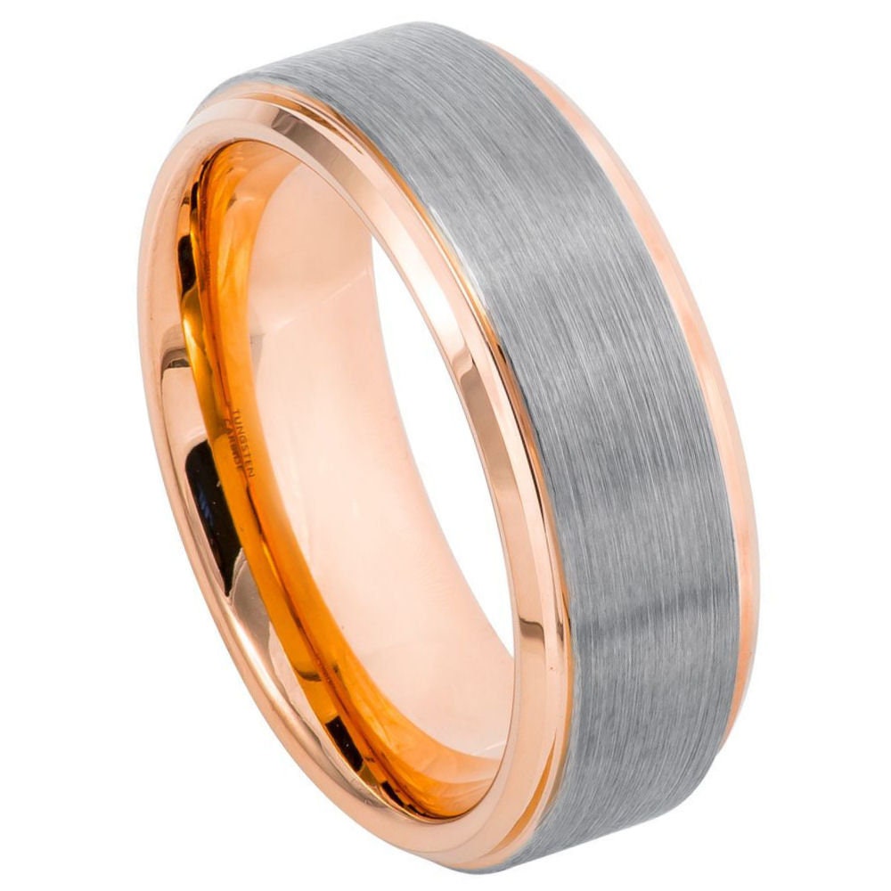 Men's Rose Gold Tungsten Couple Matching Band with Silver Brushed Center and Beveled Edges- 8mm Engraved Tungsten Ring