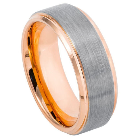 Men's Rose Gold Tungsten Couple Matching Band with Silver Brushed Center and Beveled Edges- 8mm Engraved Tungsten Ring