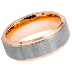 Men's Rose Gold Tungsten Couple Matching Band with Silver Brushed Center and Beveled Edges- 8mm Engraved Tungsten Ring