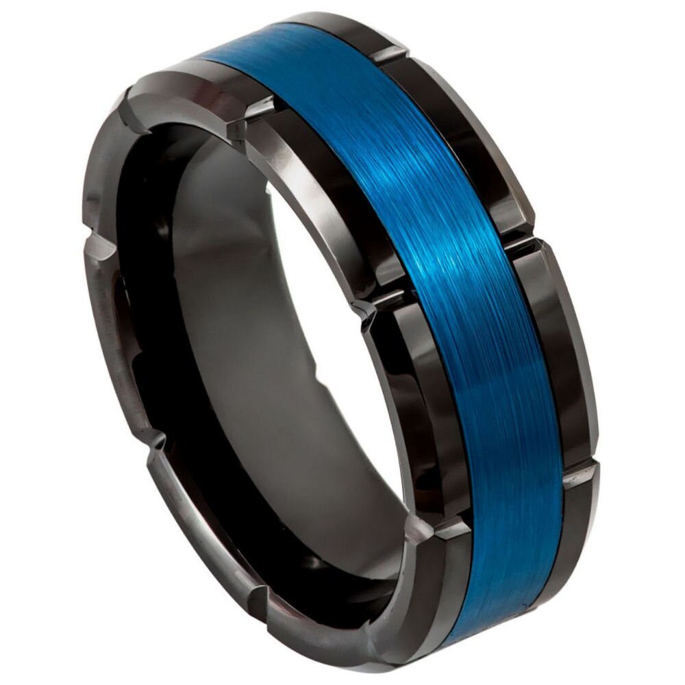 Men's Black And Sapphire Blue Tungsten Ring with Brushed Center Shiny Edges Anniversay- 8mm Engraved Tungsten Ring