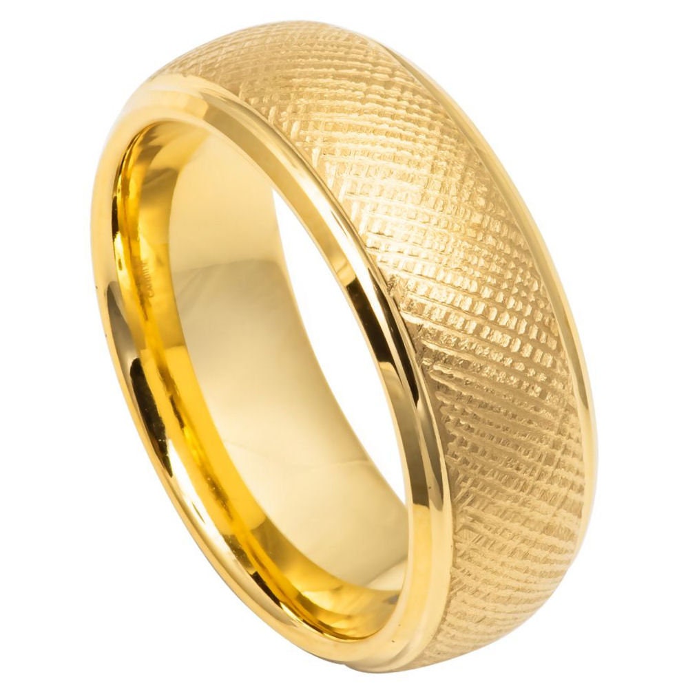 Men's Yellow Gold Florentine Domed Stepped Edge Anniversay- 8mm Engraved Tungsten Ring