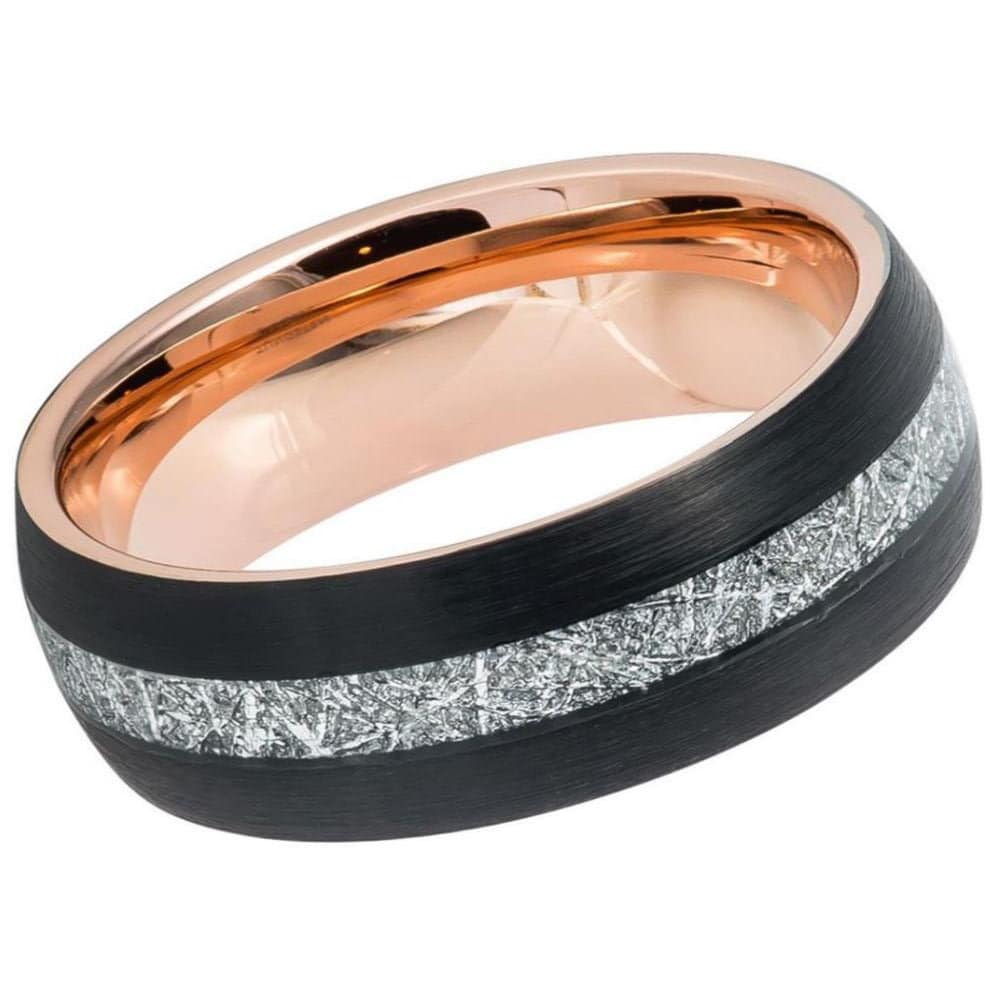 Women's Rose Gold With Black Tungsten Imitated Meteorite Inlay- 8mm Tungsten Ring