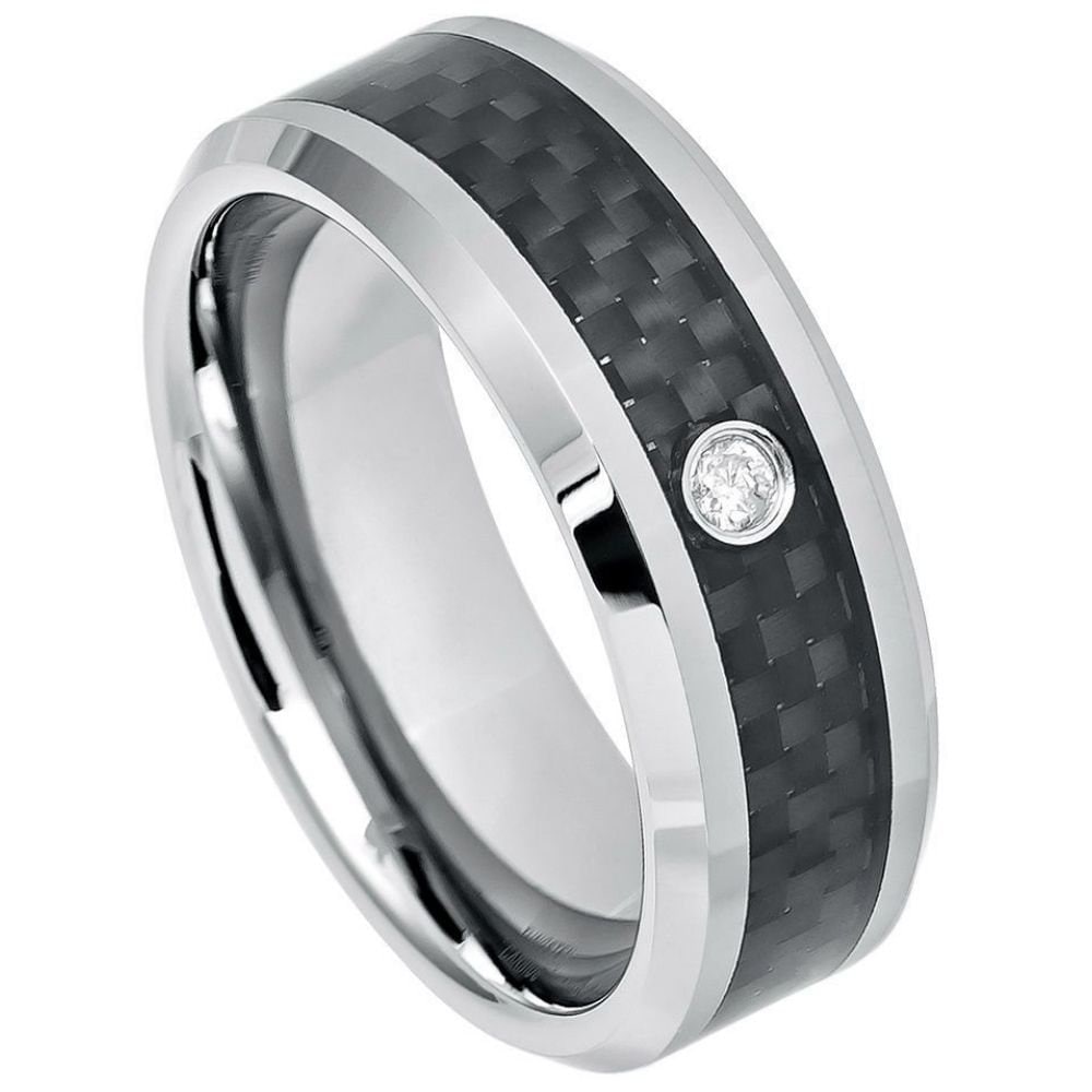 Men's Silver With Black Carbon Fiber With One Center Stone Tungsten Wedding Band Comfort Fit- 8mm Tungsten Ring