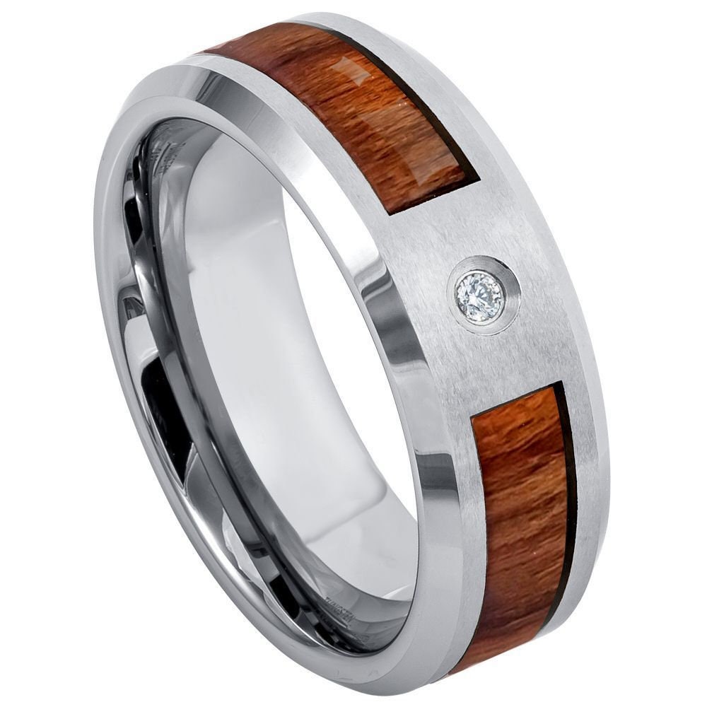 Men's Silver With Wood Inlay Tungsten Aquamarine 1 Stone Comfort Fit Wedding Band- 8mm Tungsten Ring