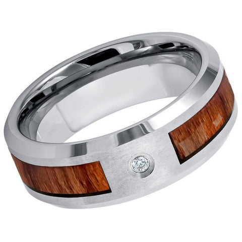 Men's Silver With Wood Inlay Tungsten Aquamarine 1 Stone Comfort Fit Wedding Band- 8mm Tungsten Ring