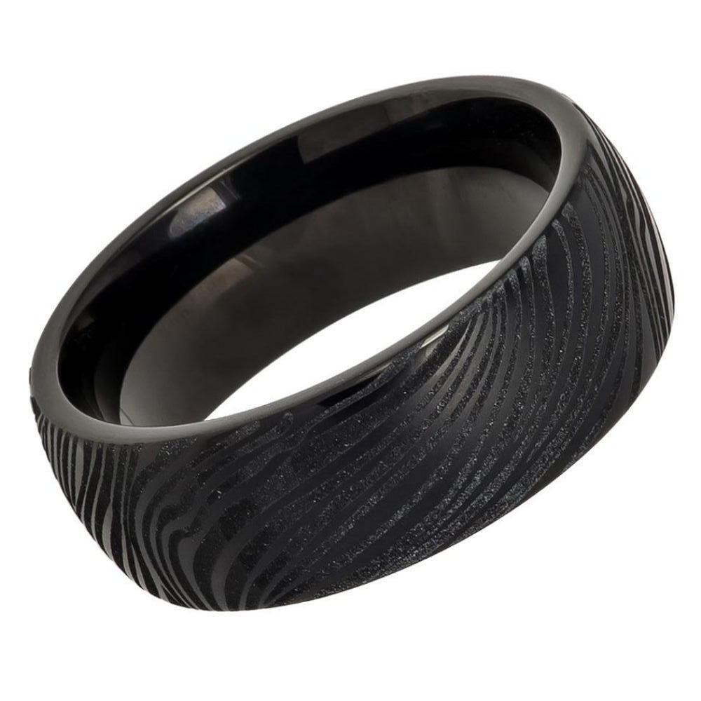 Men's Black Ion Plated Semi Dome Tungsten Laser Carved Wedding Carbide- 8mm Engraved Tungsten Ring