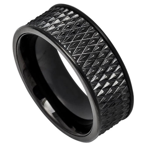 Men's Black IP Plated Parallelogram Design in Center with Straight Edges Tungsten Wedding- 9mm Engraved Tungsten Ring