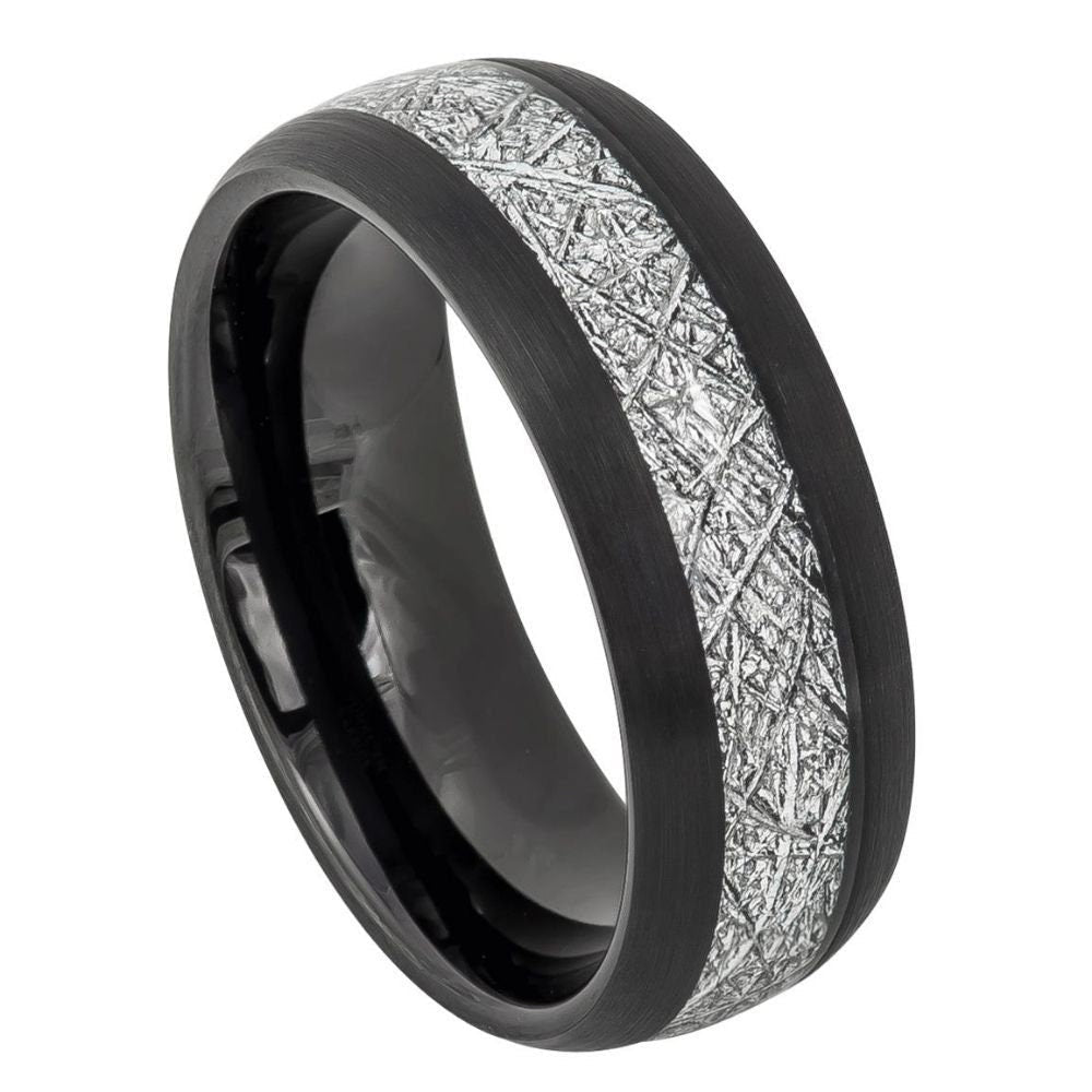 Men's Black With Silver In Center With Art Pattern Tungsten Wedding Band- 8mm Engraved Tungsten Ring