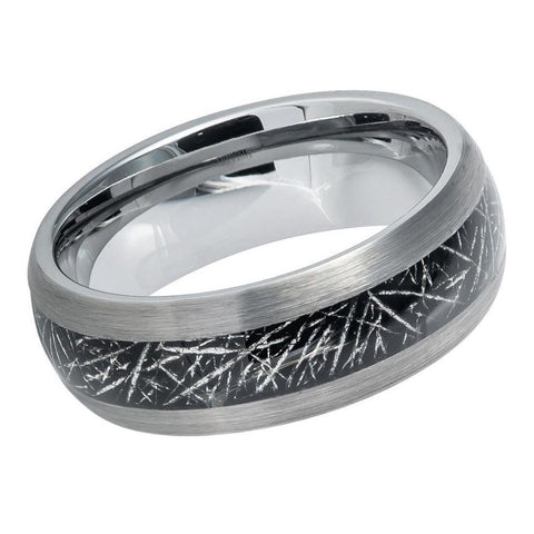 Men's Silver and Black Inlay Centered Art Pattern Tungsten Wedding- 8mm Engraved Tungsten Ring