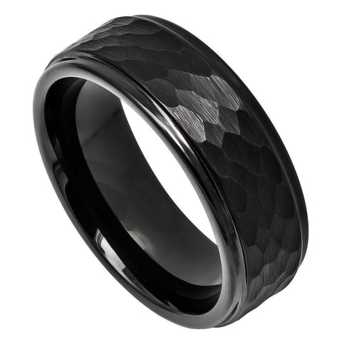 Men's Tungsten Black Hammered Finish Wedding Band With Stepped Edge- 8mm Engraved Tungsten Ring