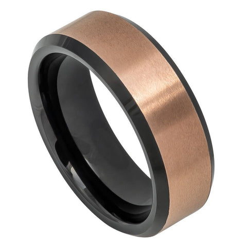 Men's Black Tungsten Wedding Band Rose Gold Brushed Center And Black Beveled Edge- 8mm Engraved Tungsten Ring