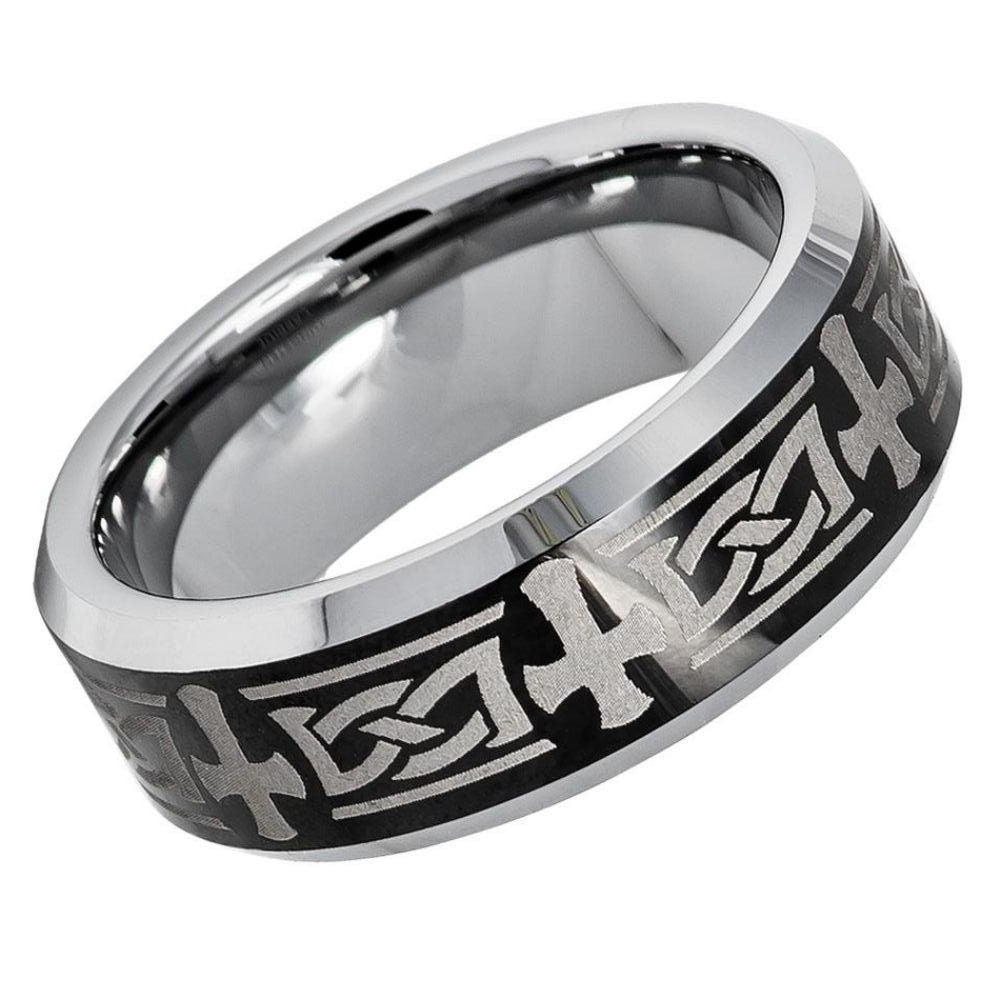 Tungsten Ring, Christian Cross Rings, Celtic Wedding Band, Black 8MM Ring, Tungsten Engraved Ring, Promise Rings, Engagement Ring.