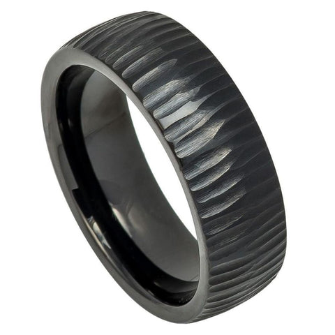 Men's Black Wedding Band Tree Bark Carved Textured Finish Tungsten- 8mm Engraved Tungsten Ring