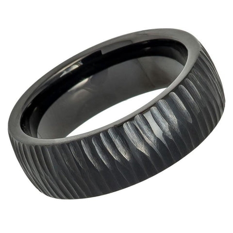 Men's Black Wedding Band Tree Bark Carved Textured Finish Tungsten- 8mm Engraved Tungsten Ring