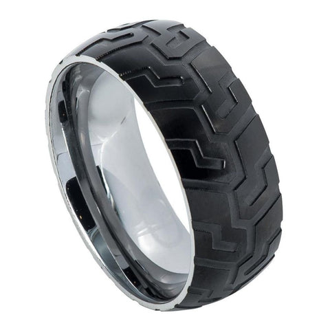 Men's Tungsten Wedding With Laser Tire Tread Pattern- 8mm Engraved Tungsten Ring