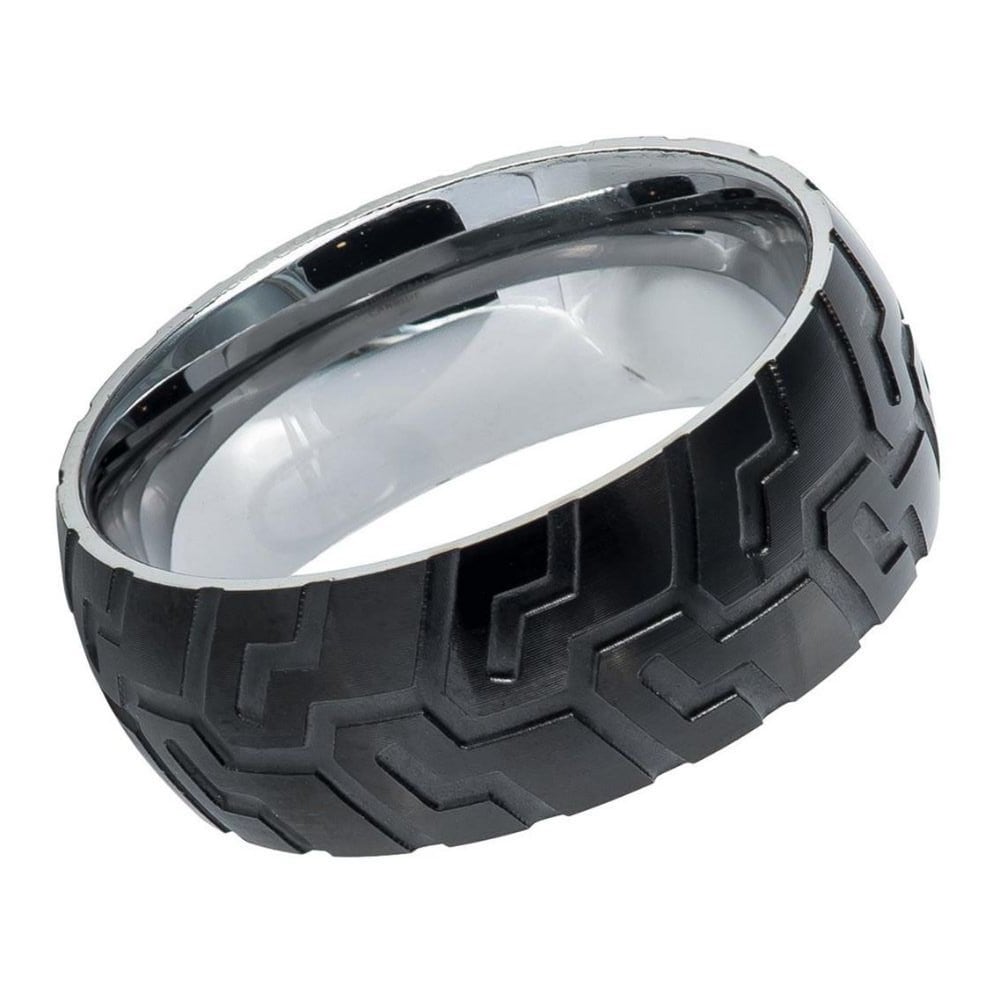 Men's Tungsten Wedding With Laser Tire Tread Pattern- 8mm Engraved Tungsten Ring